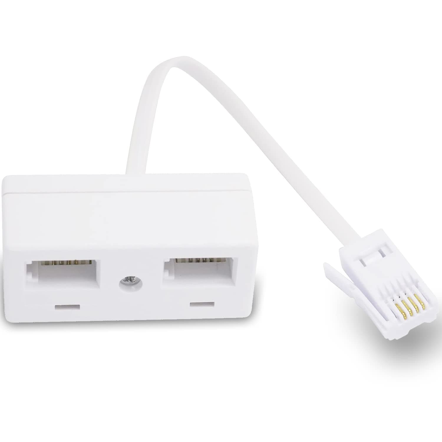 One BT Plug to Two BT Sockets Splitter, UK Telephone RJ11 Male Plug to Double Female Socket Extender, for UK Landline Telephone FAX Modem Cable Adapter and Converter, White 1 Pack