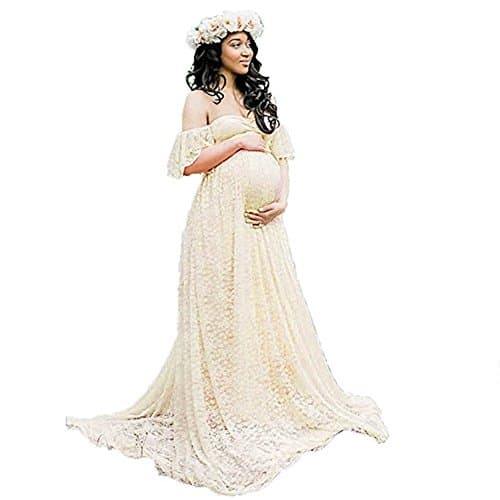 RICWINANNMaternity Maxi Dress Off Shoulder Ruffle Sleeve