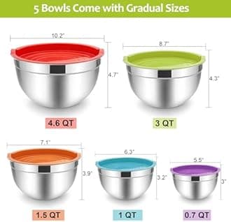 E-far Mixing Bowls with Lids Set of 5, Stainless Steel Mixing Bowls Metal Nesting Bowls with Airtight Lids, Non-toxic & Dishwasher Safe, Great for Cooking, Baking, Serving - Size 0.7/1/1.5/3/4.5QT