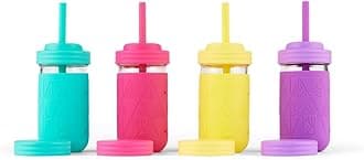 Stainless Steel Sippy Cups | 10oz Mason Jar | Kids & Toddler Cups with Silicone Sleeves & Silicone Straws with Stopper | Spill Proof, Smoothie Cups