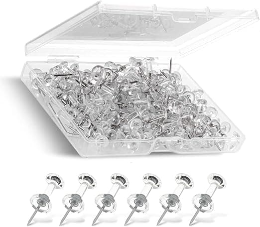 Clear Push Pins - 120 Drawing Pins with Storage Box, Thumb Tacks for Cork, Notice and Bulletin Boards - Map Pins (Clear)