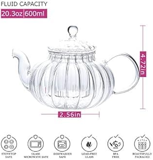 IwaiLoft NEW Glass Teapot with Infuser, Stovetop Safe Tea Kettle, Blooming and Loose Leaf Tea Maker IW-G016 (20OZ, Pumpkin)