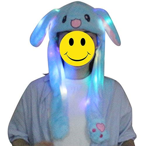 Happy Island LED Glowing Plush Moving Rabbit Ear Hat Dancing Bunny Ears Pinching Ear to Move Vertically Cartoon Animal Plush Toys (Blue)