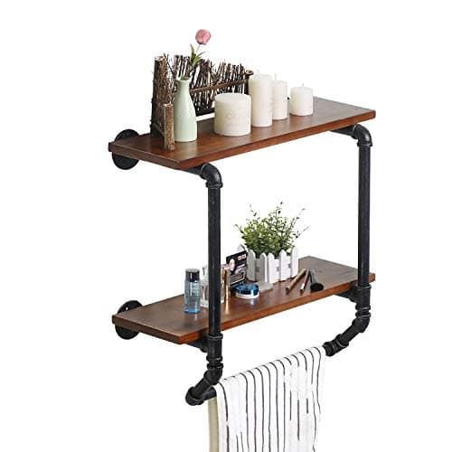 Ucared Industrial Pipe 2 Tiers Wall Mounted Shelves,Rustic Wall Shelf with Towel Bar,24" Towel Racks for Bathroom Organizer Storage,Wood Metal Wall Mounted Towel Bar,Bathroom Shelf Over Toilet,Hanging