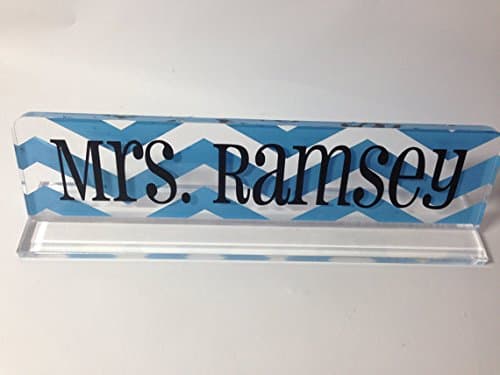 Desk Name Plate - Acrylic Personalized Light Blue Chevron Teacher or Office Desk Custom Name Plaque