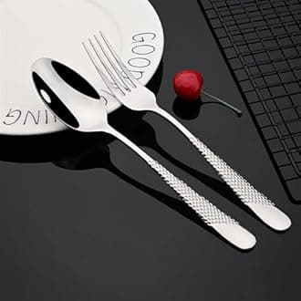 ANH MART Mirror Finish Silver Plated Stainless Steel Flatware Set Copper Silverware Set Rose Gold Spoon Color Cutlery Set [Dinner Fork-Tea Spoon-Salad Spoon-Knife] Set of (Silver DOT, 16)