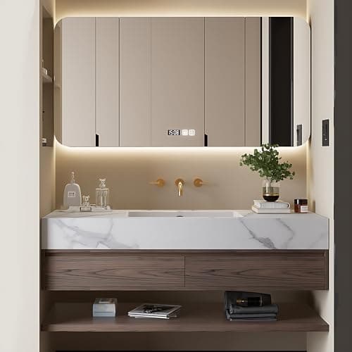 Floating Bathroom Vanity with Sink - Modern Bathroom Vanity | Includes Smart Defogging Medicine Cabinet | Multi-Layer Solid Wood | Wall Mount (Brown, 48 in)
