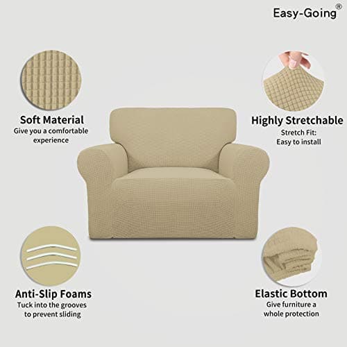 Easy-Going Stretch Oversized Chair Sofa Slipcover 1-Piece Couch Sofa Cover Furniture Protector Soft with Elastic Bottom for Kids Spandex Jacquard Fabric Small Checks Beige