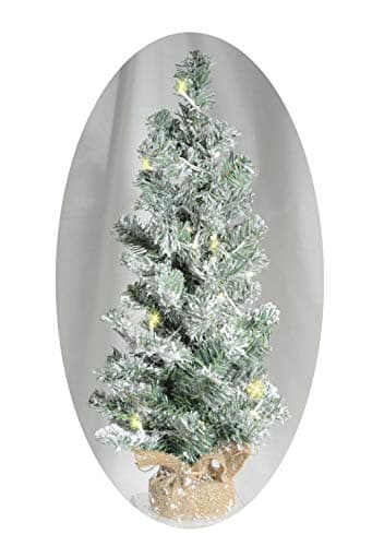 24 Inch Lighted Tabletop Christmas Balsam Pine Tree with Snow Flocked Tips and Burlap Wrapped Base, Battery Operated with Timer, Artificial Pine Tree