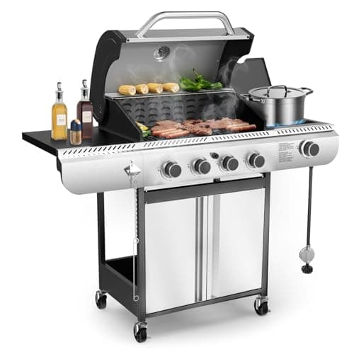 Electactic 4-Burner Gas BBQ Grill with Side Burner, Porcelain-Enameled Cast Iron Grates, Baking Pan, 42,000 BTU Stainless Steel Propane Grill for Outdoor Cooking and Patio Barbecues
