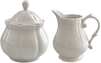 WAIT FLY Vintage Embossed Ceramic Creamer and Sugar Bowl Set, Cream Pitcher, Sugar Bowl with Lid, Coffee Serving Set-White-Creamer Bowl Set