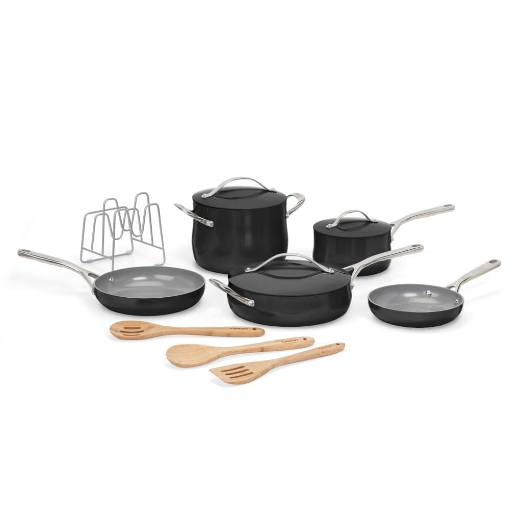 Cuisinart Ceramic Cookware Set, Nonstick 12-Piece Pots and Pans Set for Even Heat Cooking, Dishwasher Safe, Stainless Steel Handles & Easy Cleanup, Black, 34C-12BK