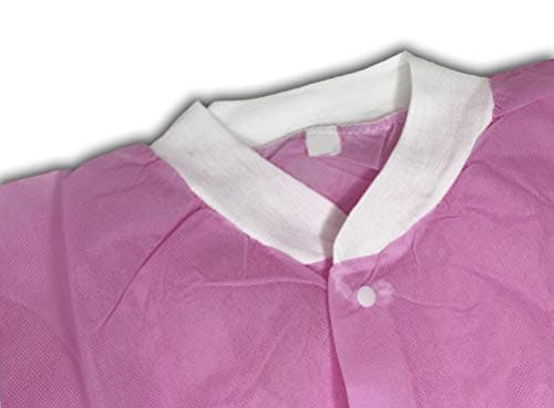 Professional Smooth and Soft Non-Woven Disposable Lab Jacket w/Knit Cuffs and Collar, 5 Snap-on Buttons and 3 Large Front Pockets. Latex Free and Fluid Resistant. 10 PCS/PACK (Small, Pink)