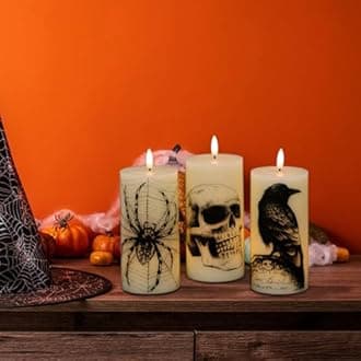 Halloween Flameless Candles with Remote Timer - Skull, Spider Web, Crow Raven Decals Set of 3, Battery Operated Halloween Decor LED Candles Horror Gothic Punk Decoration Real Wax