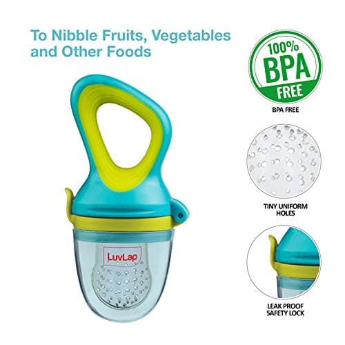 LuvLap Silicone Food/Fruit Nibbler with Extra Mesh, Soft Pacifier/Feeder, Teether for Infant Baby, Elegant Blue, Bpa Free Feeding Spoon with Squeezy Food Grade Silicone Feeder Bottle,180Ml