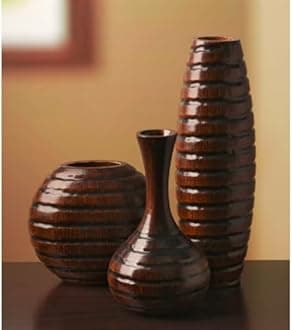 Hosley's Set of 3 Carved Wood Vases Small 6" Medium 8" and Tall 12" High. Ideal Gift for Floral Arrangements Wedding and Use for Home Office Decor Fireplace Floor Vases Spa Aromatherapy Settings