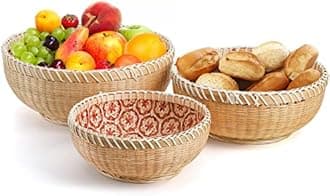 Elsjoy Set of 3 Round Wicker Fruit Baskets, Kitchen Wicker Woven Bread Basket Stackable Rattan Serving Basket Set for Home Decor