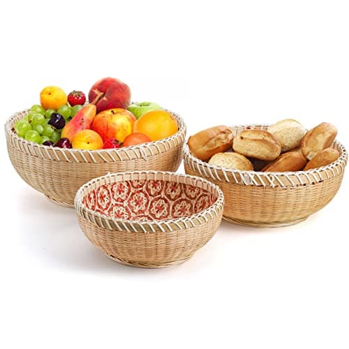 Elsjoy Set of 3 Round Wicker Fruit Baskets, Kitchen Wicker Woven Bread Basket Stackable Rattan Serving Basket Set for Home Decor