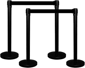 Queue Barrier with 3Meter Retractable Belt | Black Crowd Control Post with Weighted Base | 4-Way Connectable Stanchion with Powder-Coated Iron Finish for Queue Management & Events - Set of 4