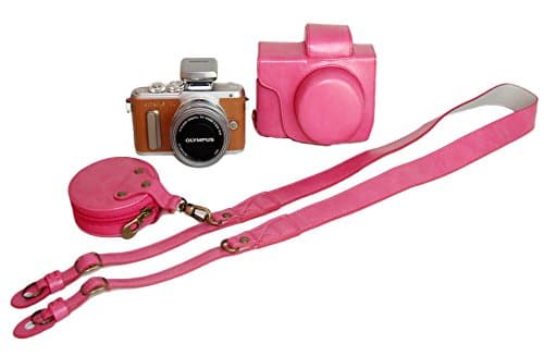 Bottom Opening Version Protective PU Leather Camera Case Bag For Olympus PEN Lite E-PL8 EPL8 with 14-42mm EZ F3.5-5.6 Lens with Strap Belt and Storage Card Case Pink