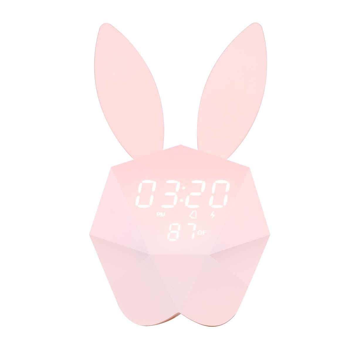 HandAcc Digital Alarm Clock, Bunny Rabbit Voice-Activated LED Night Light Nursery Lamp with Temperature for Kids’ Room (Pink, Upgraded Version)