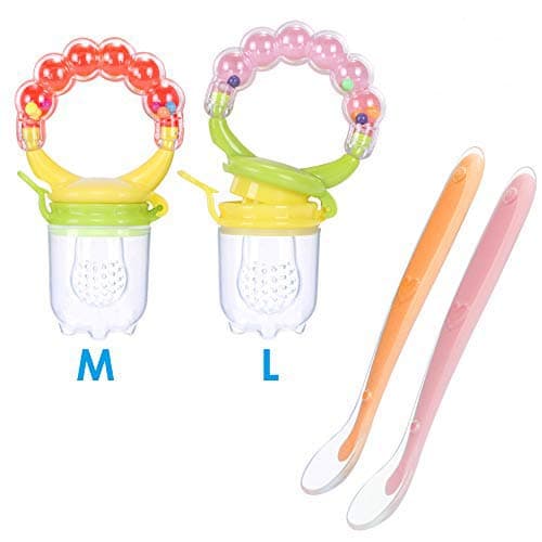 Nasjac Baby Fresh Fruit Feeder Pacifier, 2 Pcs Food Feeder with 2 Silicone Infant Training Feeding Spoons, Handgrip Reusable Nipple Gum-Massaging Teething Toy for Newborn Toddlers Girls Boys