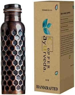 Copper Water Bottle, 32oz, Antique Black Diamond, Ayurvedic Water Bottle with Lid, for Hiking, Camping, Home, Office, Gym, Travel, Outdoor Activities