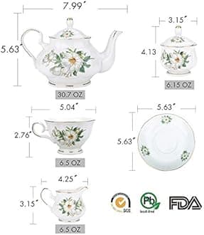 15-Piece Porcelain Ceramic Coffee Tea Gift Sets, Cups& Saucer Service for 6, Teapot, Sugar Bowl and Creamer Pitcher.
