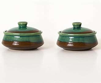 350 ml Green & Brown Glazed Ceramic Donga with Lid | Curd Setter & Dahi Handi | Microwave Safe Small Serving Donga for Biryani, Dal, Curry, Sabzi, Gravies & Desserts (Set of 1)