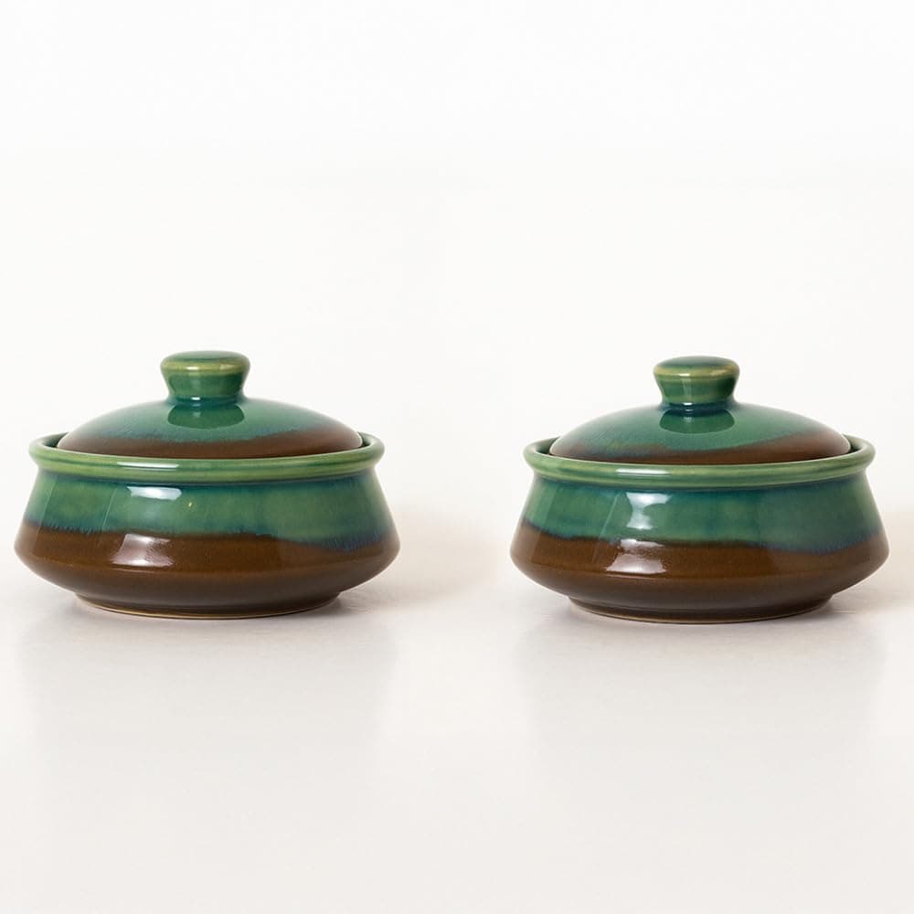 KALAKRITI 350 ml Green & Brown Glazed Ceramic Donga with Lid | Curd Setter & Dahi Handi | Microwave Safe Small Serving Donga for Biryani, Dal, Curry, Sabzi, Gravies & Desserts (Set of 2)