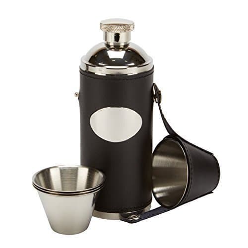 8oz black leather hunting hip flask with 4 cups & free funnel (R3370)
