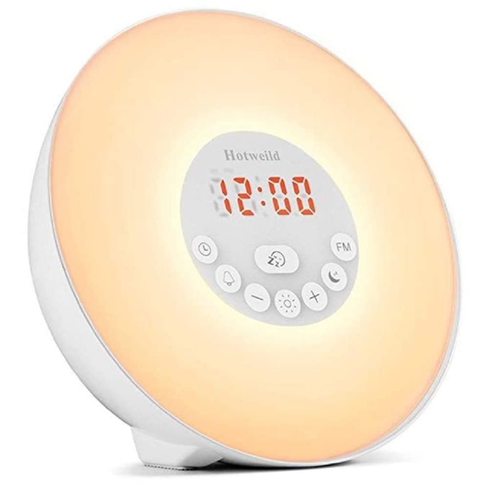 Hotweild Alarm Clock Upgraded, 7 Colors Bedside Wake-Up Light FM Radio LED Display Touch Control Snooze 6 Natural Sounds with Sunrise Sunset Simulator Mode, Polycarbonate, White
