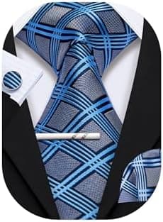 YOHOWA Grey Plaid Check Tie Set Mens Formal Silk Necktie with Hanky and Cufflinks