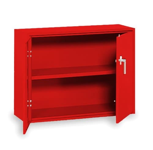 1734DI-RD Handy Storage Cabinet with Locking Handle and Cabinet Doors, 30" W x 27" H x 13" D, Textured Red, 2 Shelves, Inverted Lower Handle for Wall Hung Applications