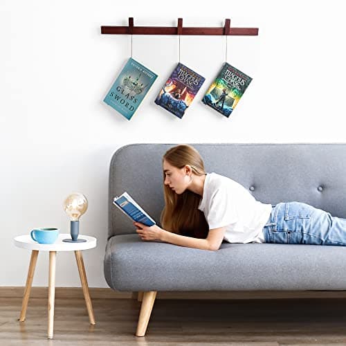Floating Wall Bookshelf - Wall Mounted Book Organizer with Included Bookmarks - Hardwood Hanging Bookshelf for Bedroom, Living Room, or Kitchen - A Thoughtful Gift for Book Lovers (Dark)