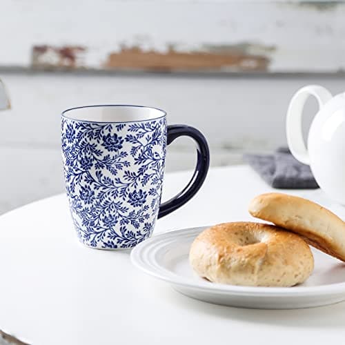 Selamica 13oz Porcelain Coffee Mugs Set, Ceramic Tea Cup with Handle, dishwasher, oven, microwave safe, Christmas Gift, Pack of 6, Vintage Blue