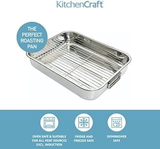 KitchenCraft Roasting Tin with Rack, Stainless Steel Roasting Tin, Large, 43 x 31 cm, Silver