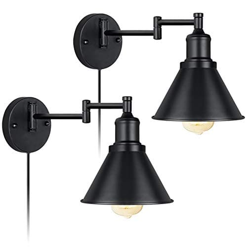 Swing Arm Wall Light Fixtures Wall Light Plug-in Cord with On Off Switch on Cord Industrial Wall Sconce Black Finish (2 Lights)