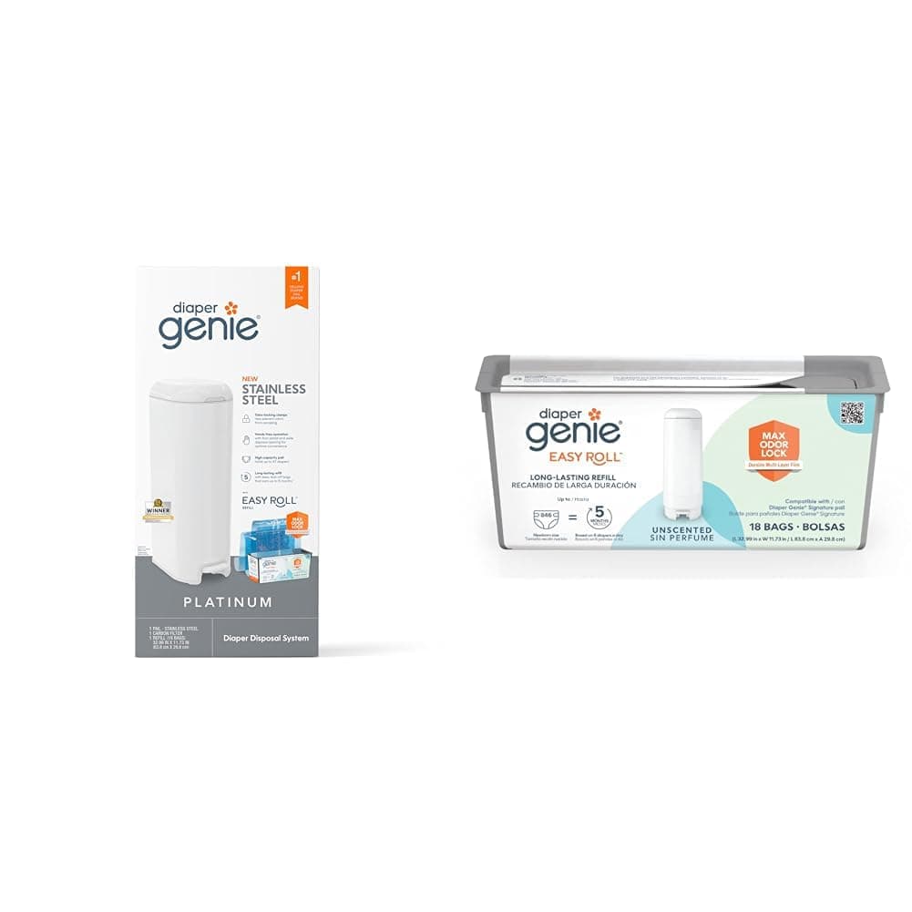 Bundle of Diaper Genie Platinum Pail (Lilly White) + Easy Roll Refill (18 Bags)