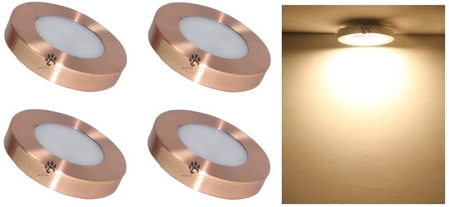 Mufasa 3 Watts Rose Gold Finish 6CM Diameter Led Surface Panel, Cabinet, Wardrobe Light, Slim Round Style Flush Mount Ceiling Lamp, Pack of 4 (Please Check Dimensions Image) (Warm White,Aluminum)