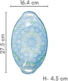 Nestasia Blue and Green Mandala Ceramic Long Dish with Handles for Serving Snacks, Appetizers, Salads, and Noodles| Microwave Safe, Dishwasher Safe (10.8 Inch)