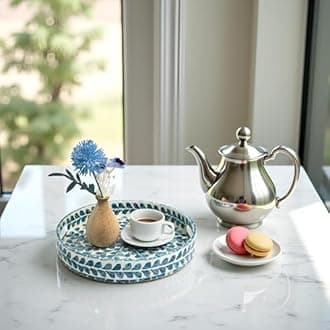 CLAYNIX Serving Tray 12.5 Inch, Lacquer Mother of Pearl Inlay Mosaic Tray, Round Wooden Marble Tray with Handles Trays for Tea, Breakfast (Leaf Style)