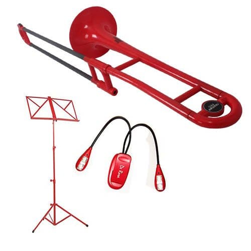 Tromba Plastic Bb Tenor Trombone Red - Practice/Travel Trombone Bundle w/Red Music Stand & Light Pack