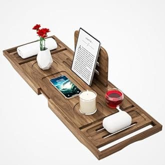 Premium Teak Bath Tray Caddy, Expandable Wooden Bath Trays for Across The Bath, Luxury Bathtub & Bathroom Accessories, Great House Warming, Anniversary & Wedding and Birthday Gifts