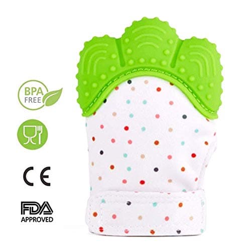 Baby Teething Mittens, Mitten Teether Toys, Infant Teething Mitt Set, Prevent Scratches Protection Gloves with Bibs for 3-12 Months Babies (001.Green)