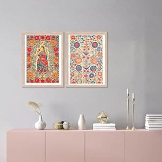 kotart Madhubani Art Framed Painting for Home, Living Room, Hall | Traditional Pichwai Art Paitnings with Frame for Home Decor (Set of 2) (Style02)