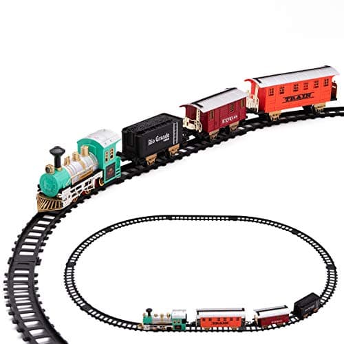 Train Set Battery Operated Engine – Real Sound & Light – Classic Locomotive – 11 Foot Track Railway, Cargo, Coal Tank, & Trunks - 14 Piece Set