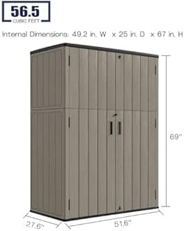 KINYING Outdoor Storage Shed,57 Cu.ft Vertical Outdoor Storage Cabinet Waterproof, Outdoor Resin Tool Shed for Patio Furniture, Garden Tools, Pool Accessories, Lawn Mower(Coffee Color)