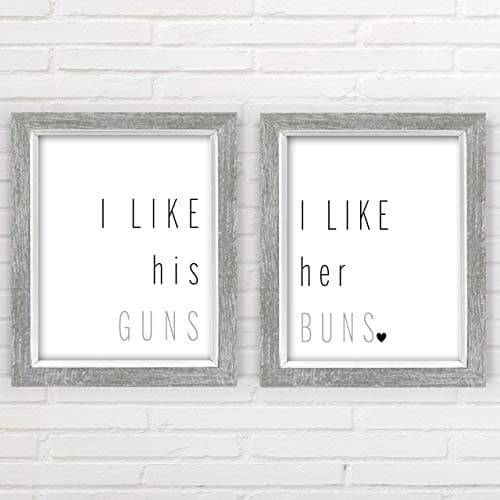 I Like His Guns I Like Her Buns Wall Decor (11x14 inch Unframed Prints, Farmhouse Decor, Great Gift, 2 Unframed 11x14 inch Prints, Butt Beard Themed Wall Decor, Minimalist Wall Art)