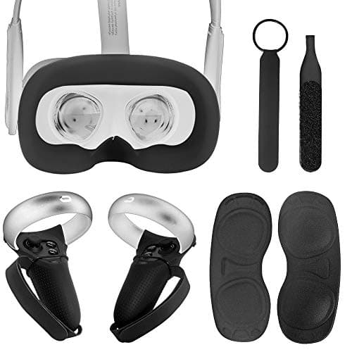 HIJIAO Accessories Set for Oculus Quest VR, Face Silicone Cover/Touch Controller Grip Cover/Knuckle Strap/Microfiber Cleaning Cloths/Lens Protect Cover for Oculus Quest (Black)